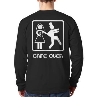 Game Over Video Gamer Bachelor Wedding Groom Back Print Long Sleeve T-shirt - Monsterry