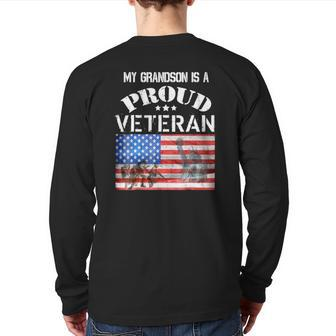 My Grandson Is A Proud Veteran American Flag Soldiers Tee Back Print Long Sleeve T-shirt | Mazezy