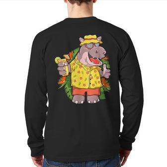 Hippo In Hawaiian Outfit And Shades Vacation Back Print Long Sleeve T-shirt - Monsterry