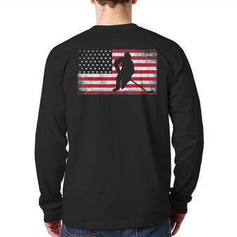 Hockey American Flag 4Th Of July Patriotic Usa Dad Men Son Back Print Long Sleeve T-shirt | Mazezy