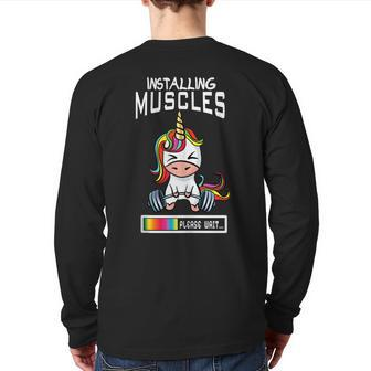 Installing Muscles Unicorn Bodybuilding Weightlifting Gym Back Print Long Sleeve T-shirt | Mazezy