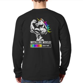 Installing Muscles Unicorn Rainbow Father's Day Dadacorn Back Print Long Sleeve T-shirt | Mazezy
