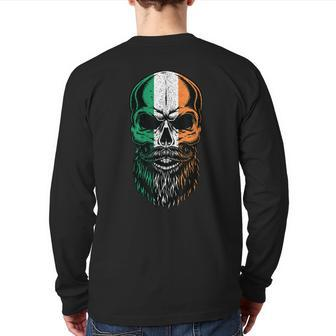 Irish Flag Bearded Skull Head Saint Patricks Day Back Print Long Sleeve T-shirt | Mazezy