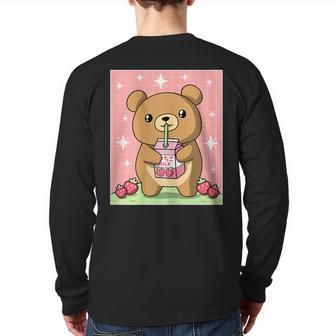 Kawaii Teddy Bear Drinking Strawberry Milk Japanese Back Print Long Sleeve T-shirt - Monsterry AU