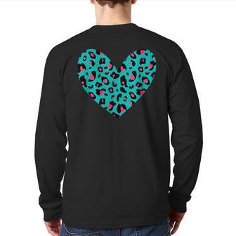 Leopard Pattern Heart Pink & Blue Cheetah Print Back Print Long Sleeve T-shirt - Monsterry UK