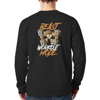 Lion Beast Workout Mode Lifting Weights Muscle Fitness Gym Back Print Long Sleeve T-shirt | Mazezy