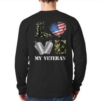 Love My Veteran Army Boots Camo Military Back Print Long Sleeve T-shirt | Mazezy