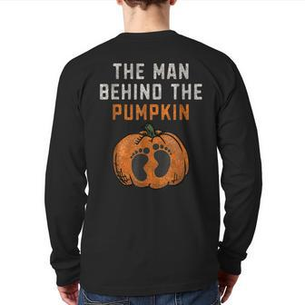 The Man Behind The Pumpkin Dad Halloween Pregnancy Reveal Back Print Long Sleeve T-shirt | Mazezy