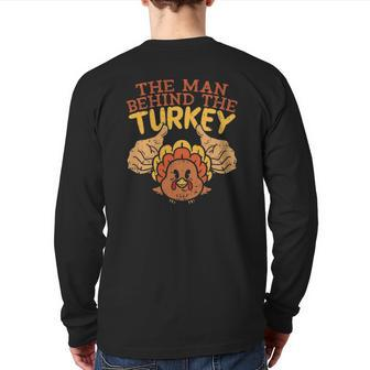 Man Behind Turkey Thanksgiving Pregnancy Couple Dad Back Print Long Sleeve T-shirt | Mazezy