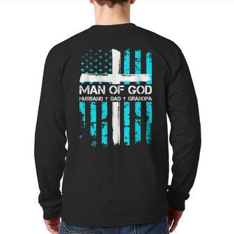 Man Of God Husband Dad Grandpa American Flag Christian Cross Back Print Long Sleeve T-shirt | Mazezy