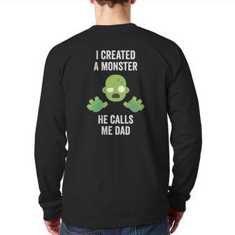 Mens I Created A Monster He Calls Me Dad Father Halloween Zombie Back Print Long Sleeve T-shirt | Mazezy
