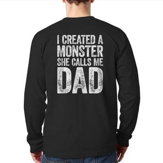 Mens I Created A Monster She Calls Me Dad Father's Day Back Print Long Sleeve T-shirt | Mazezy