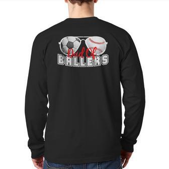 Mens Dad Of Ballers Baseball Soccer Ball Fathers Day Son Kids Back Print Long Sleeve T-shirt | Mazezy