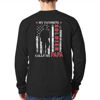 Mens My Favorite Soldier Calls Me Papa Usa Flag Father's Day Back Print Long Sleeve T-shirt | Mazezy