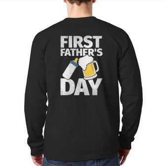 Mens First Father's Day Beer Baby Bottle Dad Daddy Back Print Long Sleeve T-shirt | Mazezy