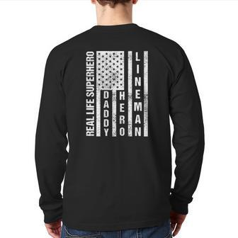 Mens Husband Daddy Hero Lineman Father's Day Back Print Long Sleeve T-shirt | Mazezy