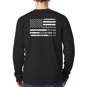 Mens Mens Husband Daddy Protector Hero Fathers Day Flag Back Print Long Sleeve T-shirt | Mazezy