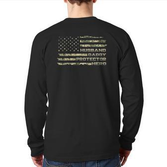 Mens Husband Daddy Protector Hero Happy Father's Day Flag Back Print Long Sleeve T-shirt | Mazezy