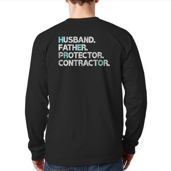 Mens Husband Father Protector Contractor Dad Back Print Long Sleeve T-shirt | Mazezy