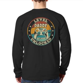Mens I Leveled Up To Daddy 2023 Soon To Be Dad Fathers Day Back Print Long Sleeve T-shirt | Mazezy