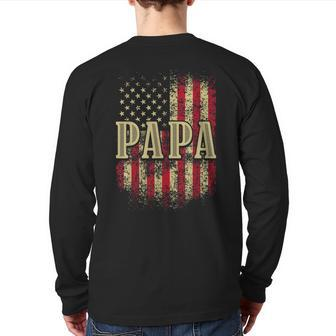 Mens Papa American Flag Patriotic Grandfather Pops Grandpa Back Print Long Sleeve T-shirt | Mazezy