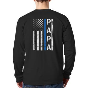 Mens Papa Thin Blue Line American Flag Police Dad Back Print Long Sleeve T-shirt | Mazezy