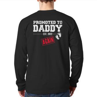Mens Promoted To Daddy Again 2022 Dad Pregnancy Announcement Back Print Long Sleeve T-shirt | Mazezy