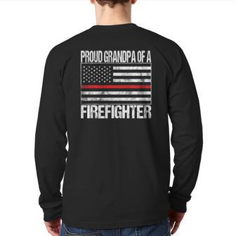 Mens Proud Grandpa Of A Firefighter Fireman Support Red Line Flag Back Print Long Sleeve T-shirt | Mazezy