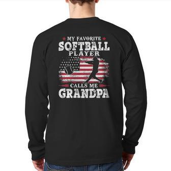 Mens Softball Player Calls Me Grandpa Usa Flag Back Print Long Sleeve T-shirt | Mazezy