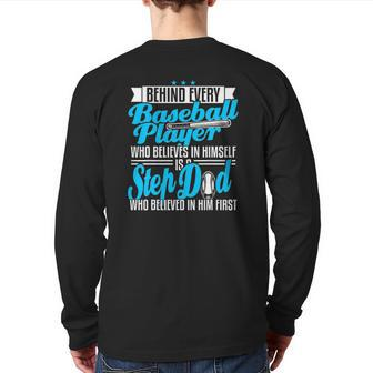 Mens Step Dad Stepfather Baseball Son Fathers Day Back Print Long Sleeve T-shirt | Mazezy