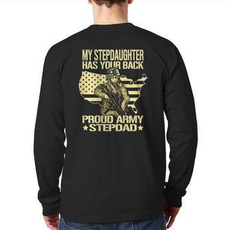 Mens My Stepdaughter Has Your Back Proud Army Stepdad Dad Back Print Long Sleeve T-shirt | Mazezy