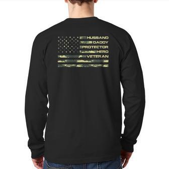Mens Veteran Husband Daddy Protector Hero Fathers Day Flag Back Print Long Sleeve T-shirt | Mazezy