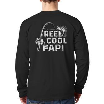 Mens Vintage Reel Cool Papi Fishing Dad Grandpa Fathers Day Back Print Long Sleeve T-shirt | Mazezy