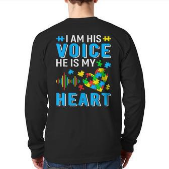 Mens I Am His Voice He Is My Heart Autism Awareness Autism Dad Back Print Long Sleeve T-shirt | Mazezy