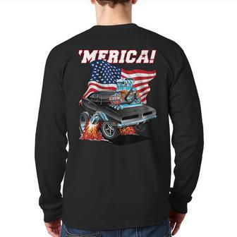 Merica Patriotic Classic Hot Rod Muscle Car Usa Flag Cartoon Patriotic Back Print Long Sleeve T-shirt | Mazezy