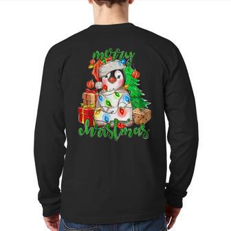 Merry Christmas Penguin Xmas Tree Lights Xmas Holiday Pajama Back Print Long Sleeve T-shirt - Seseable