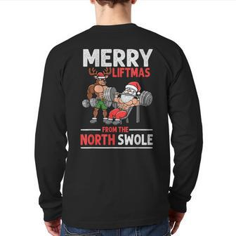 Merry Liftmas From North Swoie Muscle Santa Weightlifting Back Print Long Sleeve T-shirt - Monsterry