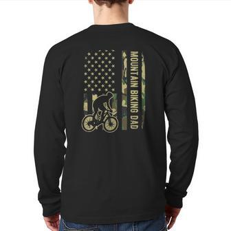 Mountain Biking Dad Camouflage American Flag Fathers Day Back Print Long Sleeve T-shirt | Mazezy
