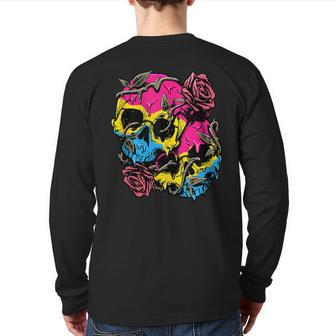 Pansexual Pride Pan Flag Skull Roses Subtle Lgbtq Back Print Long Sleeve T-shirt | Mazezy