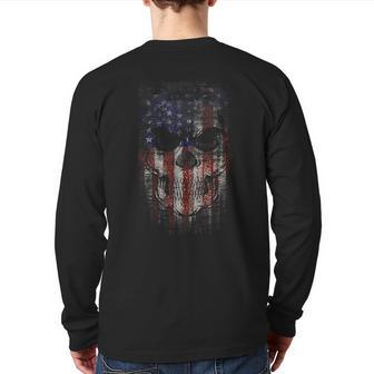 Patriotic Military American Flag Skull Back Print Long Sleeve T-shirt | Mazezy