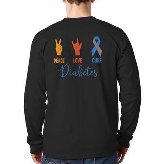 Peace Love Cure Grey Blue Ribbon Type 1 Vintage Diabetes Back Print Long Sleeve T-shirt - Monsterry