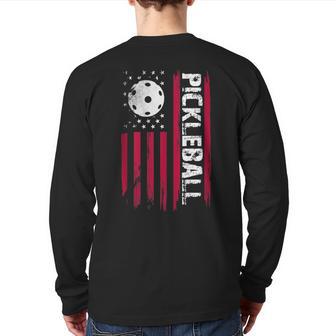 Pickleball American Flag Patriotic Usa Fun Leisurely Sport Back Print Long Sleeve T-shirt - Monsterry