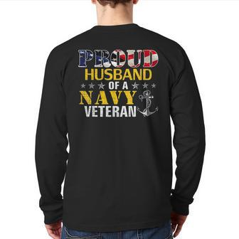 Proud Husband Of A Navy Veteran With American Flag Back Print Long Sleeve T-shirt | Mazezy DE