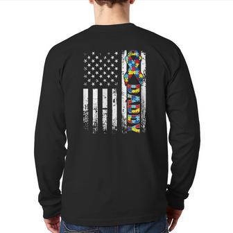 Retro American Flag Autism Daddy Awareness Autistic Back Print Long Sleeve T-shirt | Mazezy