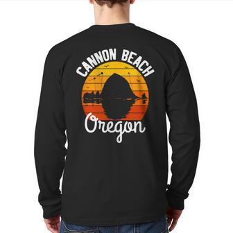 Retro Sunset Haystack Rock Souvenir Cannon Beach Back Print Long Sleeve T-shirt - Monsterry UK