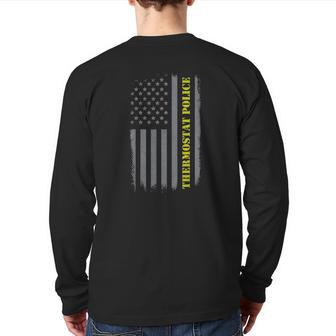 Thermostat Police Us Flag Distressed Dad Joke Back Print Long Sleeve T-shirt | Mazezy