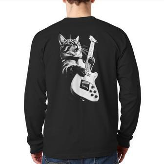Rock Cat Playing Guitar Guitar Cat Back Print Long Sleeve T-shirt - Seseable