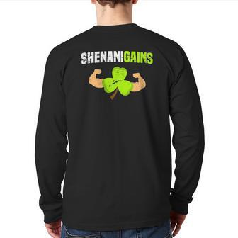 Shenanigains St Patrick's Day Workout Gym Gains Lift Back Print Long Sleeve T-shirt | Mazezy