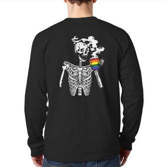 Skeleton Drinking Coffee Gay Pride Skull Lgbt Q Ally Back Print Long Sleeve T-shirt | Mazezy