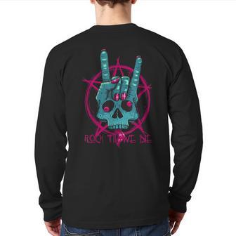 Skeleton Skull Rock Hand Rock And Roll Punk Pentagram Back Print Long Sleeve T-shirt - Monsterry CA